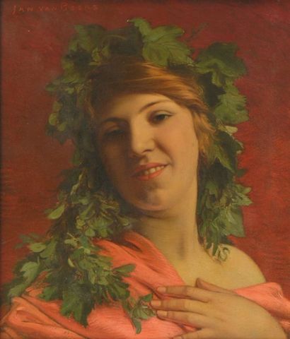 VAN BEERS Jan (1852 - 1927) Femme à la couronne de laurier et feuilles de vigne Huile...