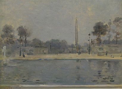 CHARLET Franz (1862 - 1928) Vue du Jardin des Tuileries à Paris Huile sur carton...