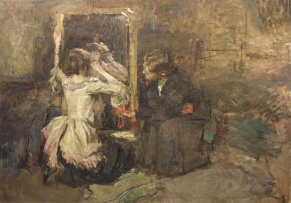 LAUDY Jean (1877 - 1956) Jeune fille se coiffant Huile sur toile signée en haut à...