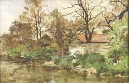 De SCHAMPHELEER Edmond (1824 - 1899) La chaumière au bord de rivière Huile sur toile...