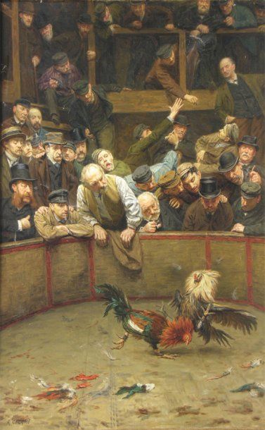 COGGHE Rémy (1854-1935) Le combat de coqs Huile sur toile signée en bas à gauche...