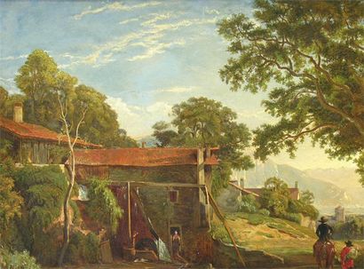 FOURMOIS Théodore (1814-1871) Le village Huile sur toile signée en bas à droite et...