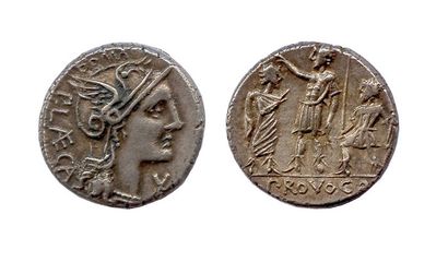 PORCIA 110-109 


Denier d’argent (Tête de Rome / Militaire entre un citoyen et un...