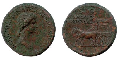AGRIPPINE sous Caligula † 33 


Sesterce (grand bronze) frappé à Rome en 37-41. (Buste...