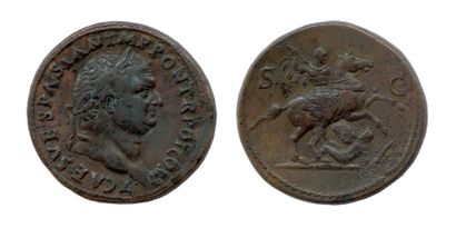 TITUS (79-81) 


Sesterce (grand bronze) frappé à Rome en 73. (Sa tête laurée / Titus...