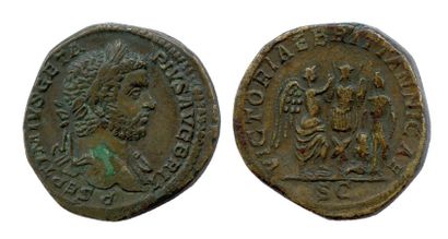 GÉTA (209-211) 


Sesterce (grand bronze) frappe à Rome en 211. (Sa tête laurée,...