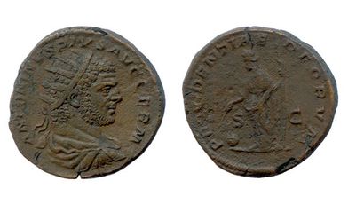 CARACALLA (198-217) 


Dupondius (moyen bronze) frappé à Rome en 213. (Son buste...