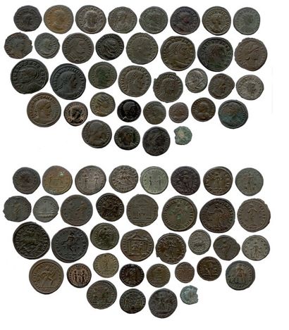 null Lot de trente-six bronzes romains (antoniniens, petits bronzes et folles) :


Valabathe...