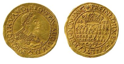 ALLEMAGNE – ERFURT – GUSTAVE II ADOLPHE roi de Suède (1631-1632) 


Ducat d’or 1633....