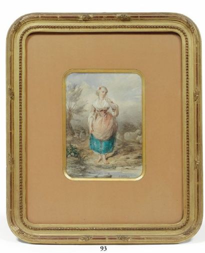 CHARLES CAMINO (1824-1888) 

Jeune fermière aux pieds nus.

Aquarelle signée en bas...