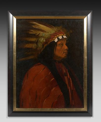 ECOLE DE TAOS du XXeme siecle 
Portrait de chef indien
Huile sur toile 59,5 x 45...