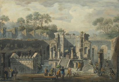 Louis Jean DESPREZ (1743-1804) Porte à Pompéi Traits gravés rehaussé d'aquarelle...