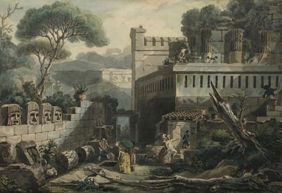 Louis Jean DESPREZ (1743-1804) Temple d'Isis à Pompéi Traits gravés rehaussé d'aquarelle...