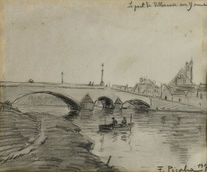 PICABIA Francis (1879-1953) Le pont de Villeneuve sur Yonne, 1907 Fusain signé, datée...