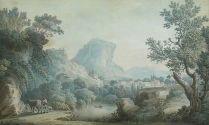 ECOLE FRANCAISE XVIIIème s., attribué à PERNET Paysage antique animé d'un berger...