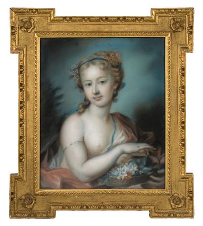 ECOLE FRANÇAISE XIXème s. Portrait en buste d'une jeune femme partiellement dénudée...