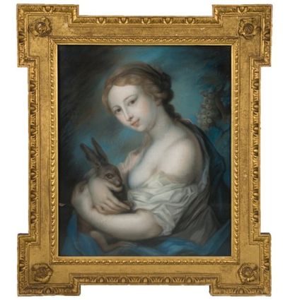 ECOLE FRANÇAISE début XIXème s. Jeune femme au turban tenant un lapin dans les bras....