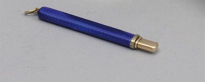 null CRAYON en or (14k) et argent à corps réémaillé bleu sur fond guilloché Long...