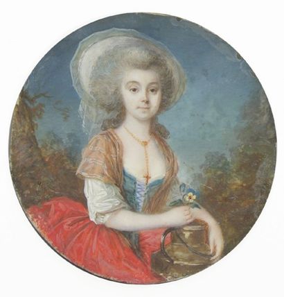 ECOLE FRANÇAISE VERS 1780 Portrait de femme de face dans un jardin tenant un pot...