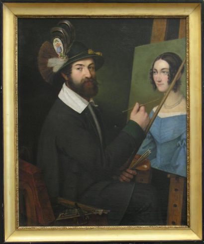 ECOLE AUTICHIENNE fin XIXème s. Le peintre à son chevalet Huile sur toile 101 x 82...