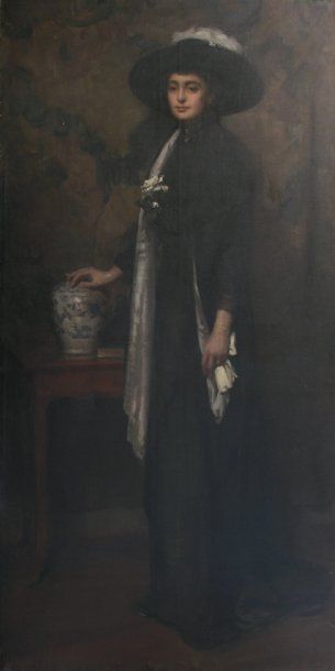 ECOLE FRANCAISE vers 1900 Portrait de jeune élégante Huile sur toile 199 x 100, 5...