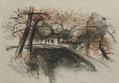 RODDE Michel (1913) Arbres bordant le chemin Pastel, fusain et aquarelle, signé en...
