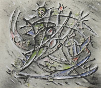 VILLAR Ramiro, 1949. Composition au soleil Technique mixte sur isorel signée en bas...