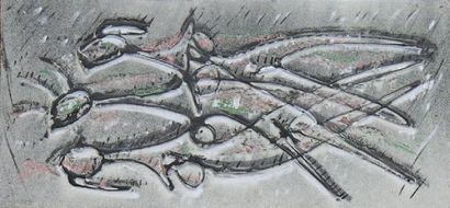 VILLAR Ramiro, 1949 Composition aux poissons Technique mixte sur isorel 26 x 56,5...