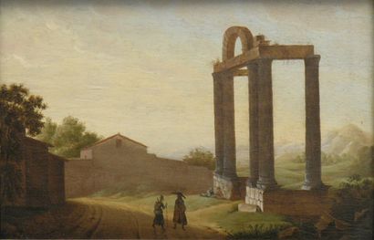 Ecole FRANCAISE, 1822, CARRIERE Portique antique dans un paysage animé de promeneurs...