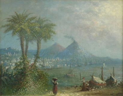 BERTIER Charles Alexandre (1860-1924) La baie de Naples Huile sur toile signée en...