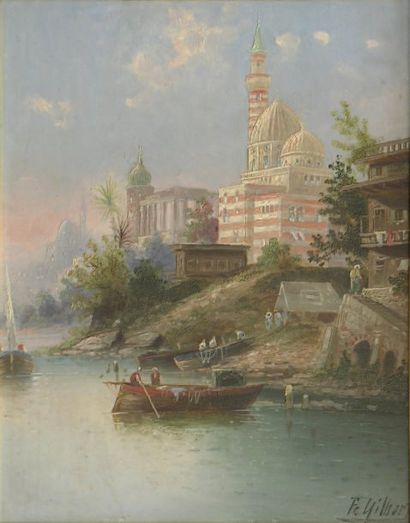 KAUFMANN Karl (1843-1902) Le port d'Alexandrie Huile sur panneau signée « Fr Gilbert...