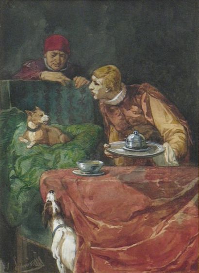 LUMINAIS Evariste Vital, attribué à (1822-1896) La soupe des chiens Aquarelle signée...