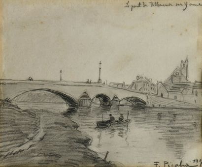 PICABIA Francis (1879-1953) Le pont de Villeneuve sur Yonne, 1907 Fusain signé, datée...