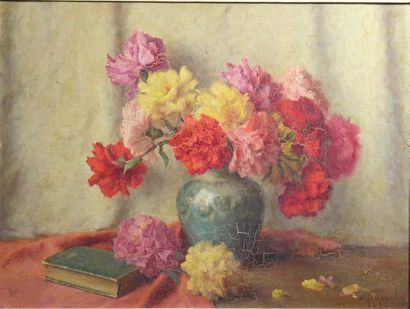 HAMANOVICK Gaston (XXème) Bouquet d'hortensias dans un vase vert Huile sur toile...