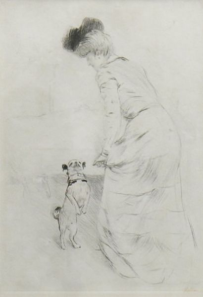 HELLEU Paul César (1859-1927) Femme au chapeau et son chien. Pointe sèche signée...