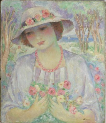 LEBASQUE Henri Baptiste (1865-1937) Jeune femme au chapeau et bouquet de fleurs Huile...