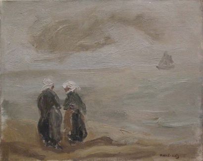 MANÉ-KATZ (1894-1962) Deux bretonnes sur la plage, au loin un bateau Huile sur toile...