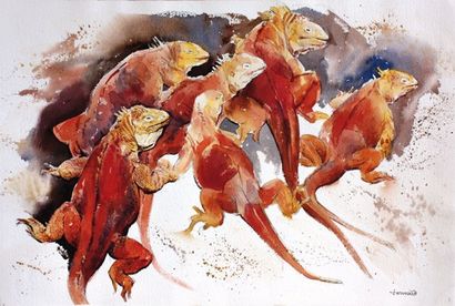 TARMENO (né en 1960) Iguanas Aquarelle signée en bas à droite 56 x 28 cm