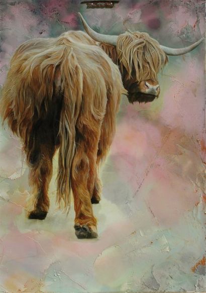 FRANCOIS Patrick (né en 1953) Vache Higland Cattle Technique mixte sur bois, signé...