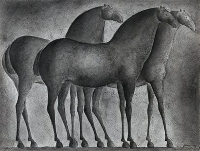 YERMIA Pierre (né en 1964) Trois chevaux III, 2009 Encre, plume et lavis 31 x 41...