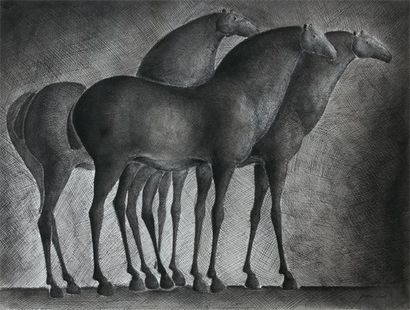 YERMIA Pierre (né en 1964) Trois chevaux IV, 2009 Encre, plume et lavis 31 x 41 ...