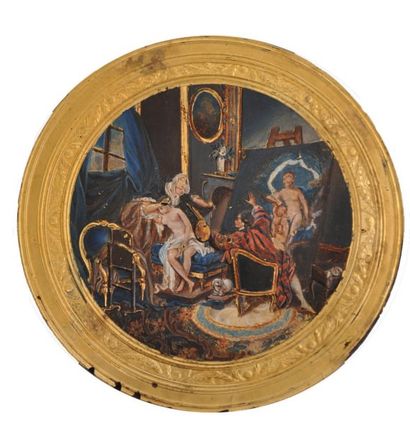 null MEDAILLON rond en écaille pressée et doublé d'une scène d'atelier d'artiste...