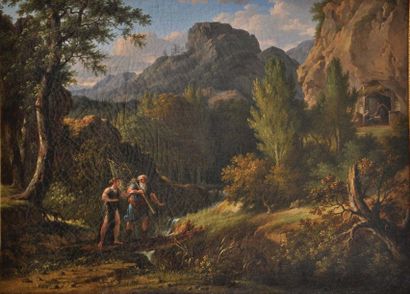 Ecole FRANCAISE vers 1810 Pêcheur et bergère traversant un torrent dans un paysage...