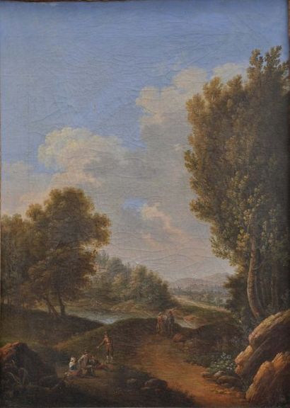 Attribué à Antoine Laurent CASTELLAN (1772-1832). Repos de promeneurs dans un paysage...