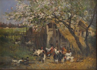 DEFAUX Alexandre (1826-1900) Poules sous les cerisiers en fleurs Huile sur toile...