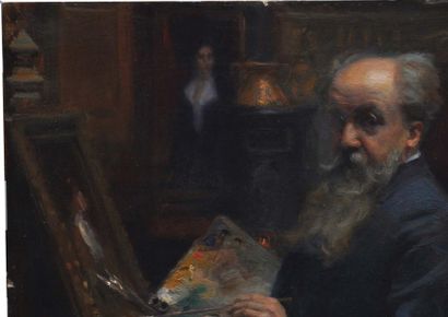 WEERTS Jean Joseph ( 1847 - 1927) Portrait de l'artiste Huile sur panneau signée...