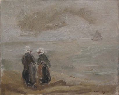 MANÉ-KATZ (1894-1962) Deux bretonnes sur la plage au loin un bateau Huile sur toile...