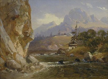 SIMONSEN Niels (1807-1885) Paysage tyrolien Huile sur toile. Signée et datée 1853....