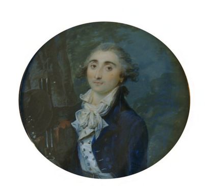 ECOLE FRANCAISE vers 1775 Portrait d'homme en chasseur. Miniature ronde, sur ivoire....