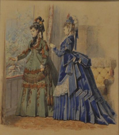 DAVID Jules (1808-1892) Deux elegantes a la fenetre Aquarelle et gouache, signee...